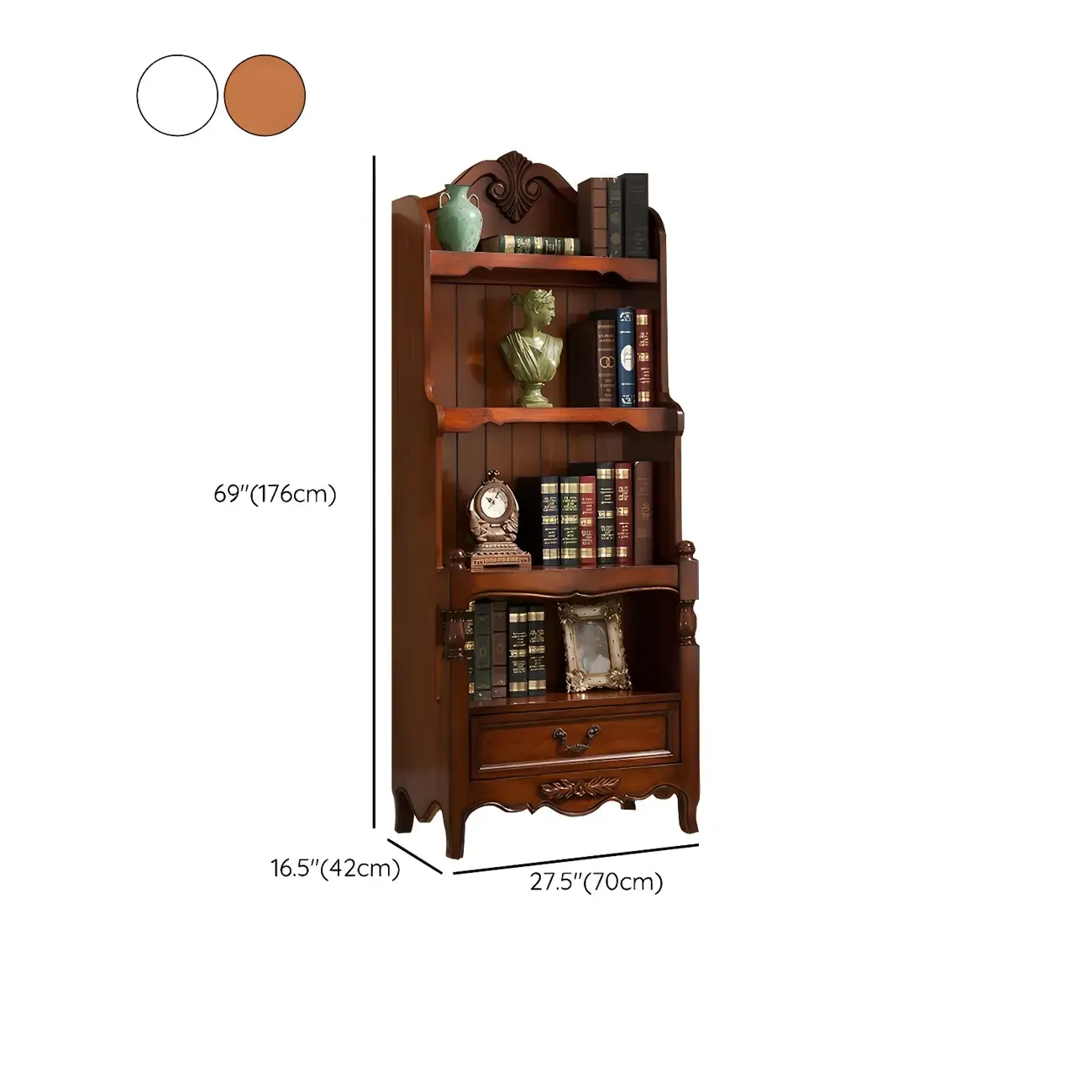 Classic Brown/White Wooden Bookcase with Drawer #size