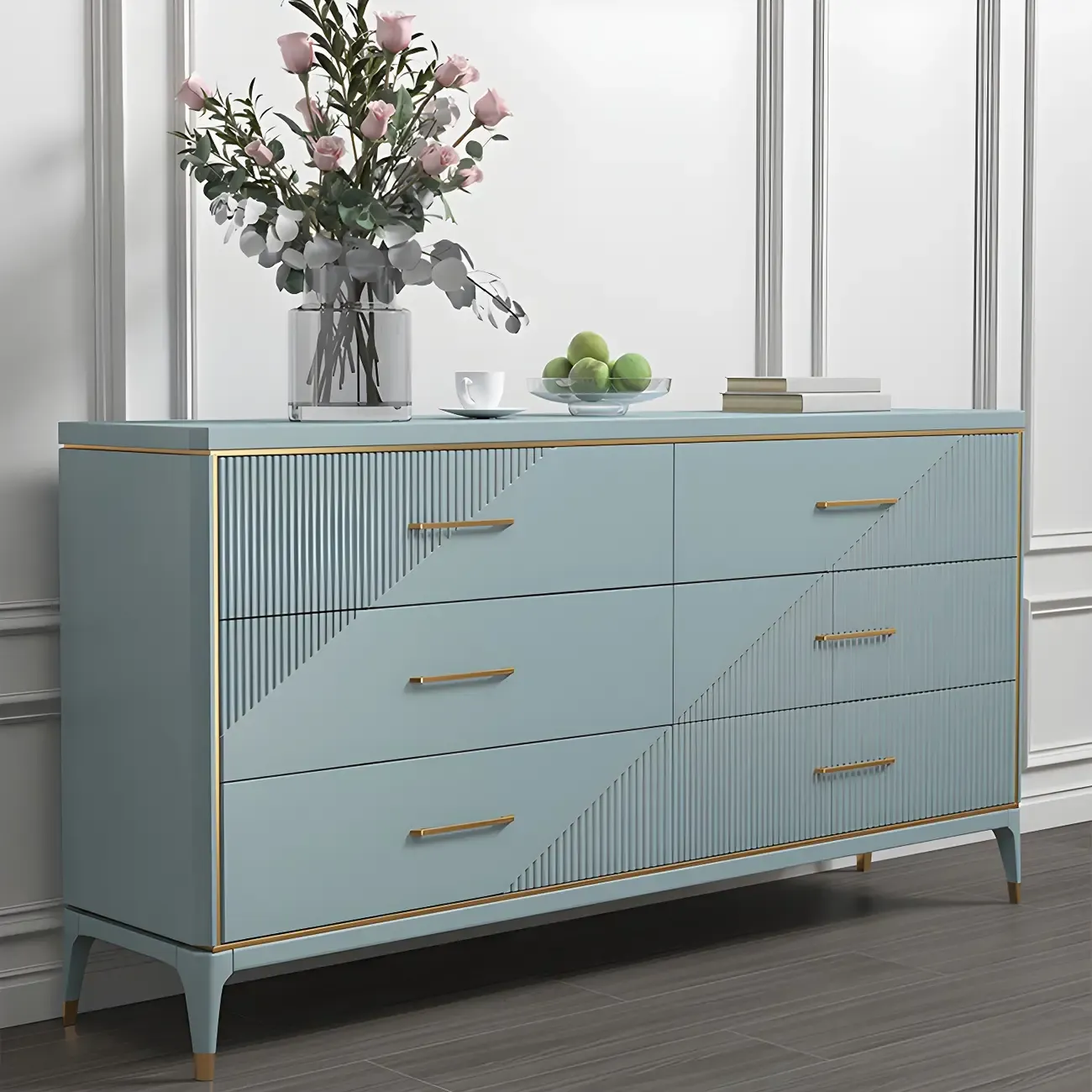 Glam Metal Wooden Horizontal Dresser with 6-Drawers for Home Image - 1
