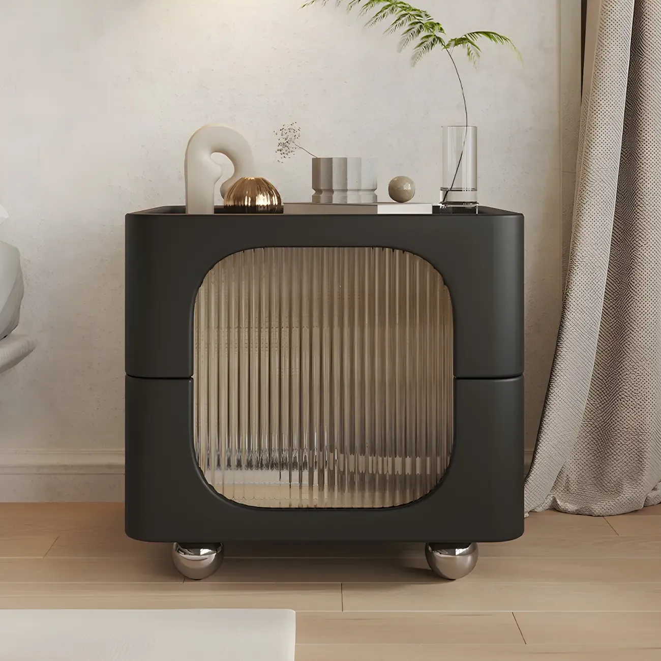 Minimalist Small Solid Wood Glass Cubic Black Nightstand Image - 1