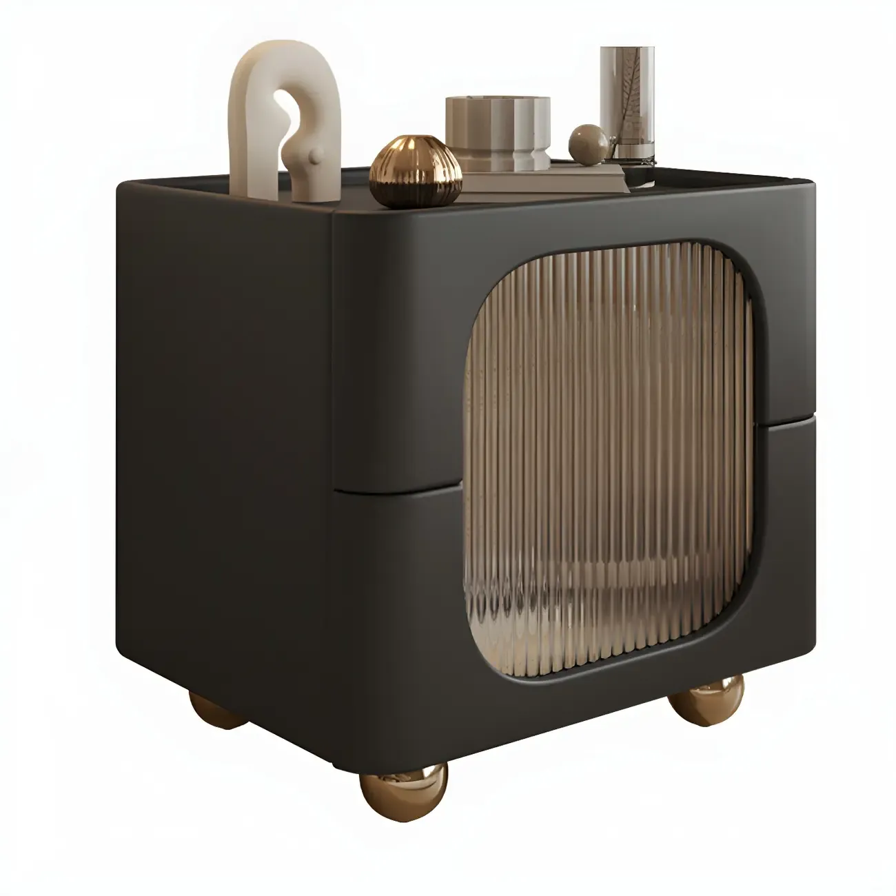 Minimalist Small Solid Wood Glass Cubic Black Nightstand Image - 8