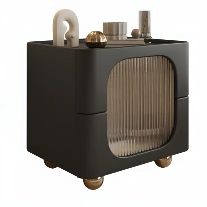 Minimalist Small Solid Wood Glass Cubic Black Nightstand Image - 8