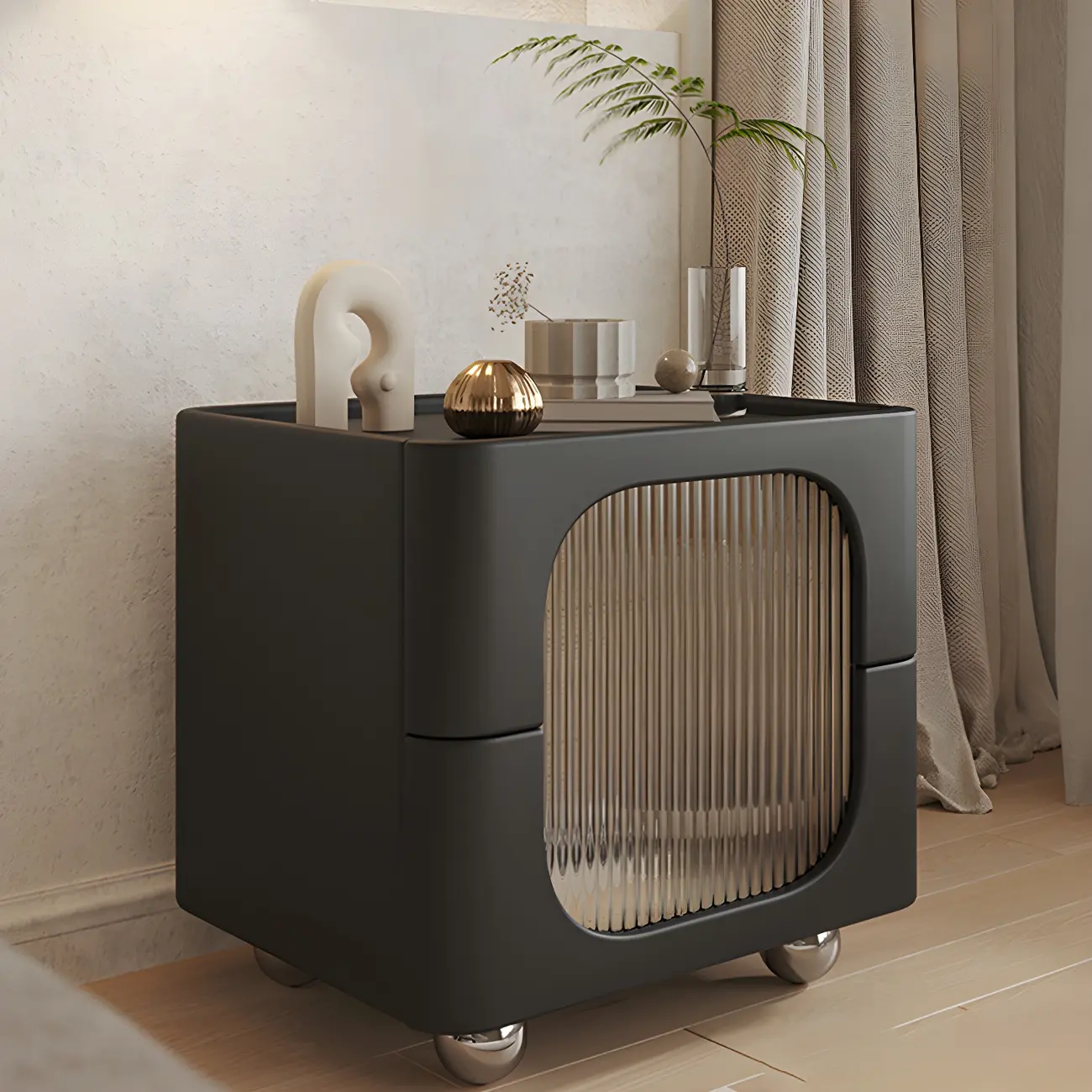 Minimalist Small Solid Wood Glass Cubic Black Nightstand Image - 5 | homeyfad