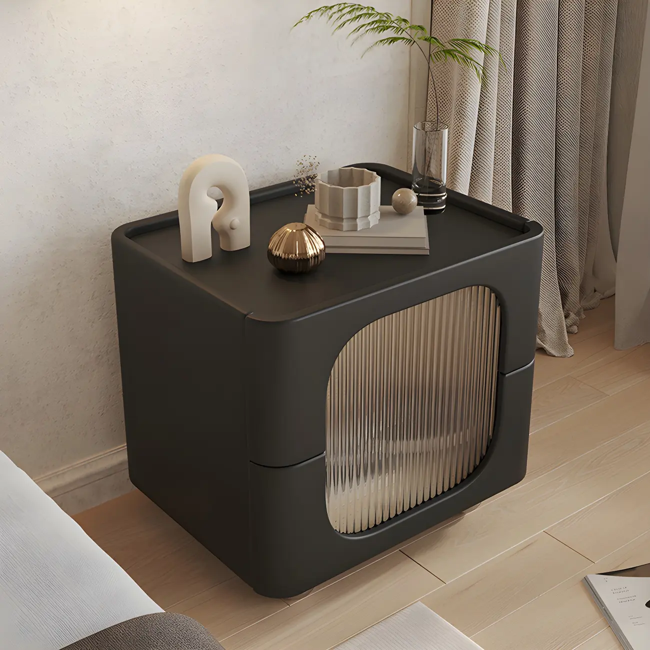 Minimalist Small Solid Wood Glass Cubic Black Nightstand Image - 11 | homeyfad