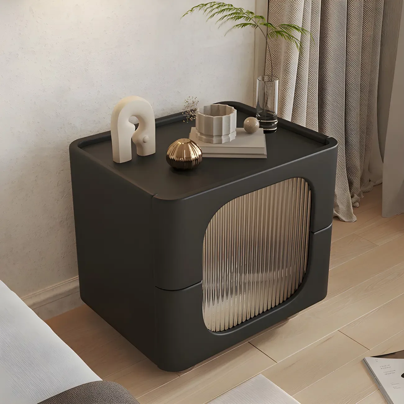 Minimalist Small Solid Wood Glass Cubic Black Nightstand Image - 11