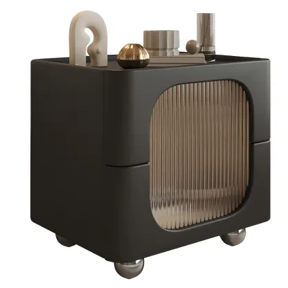 Minimalist Small Solid Wood Glass Cubic Black Nightstand Image - 13