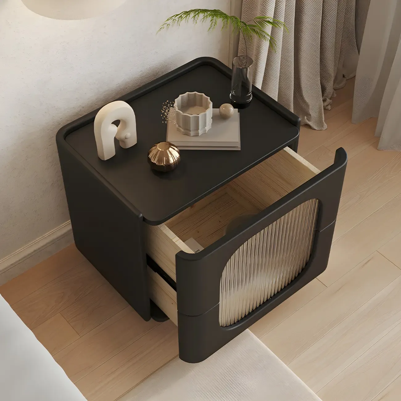 Minimalist Small Solid Wood Glass Cubic Black Nightstand Image - 2