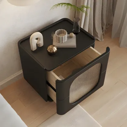 Minimalist Small Solid Wood Glass Cubic Black Nightstand Image - 2