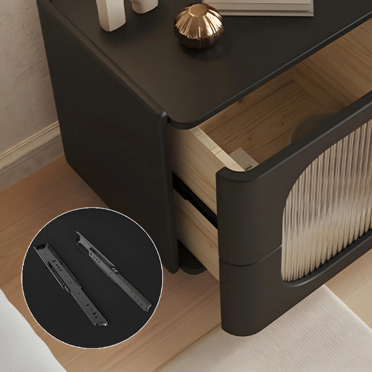 Minimalist Small Solid Wood Glass Cubic Black Nightstand Image - 7 | homeyfad