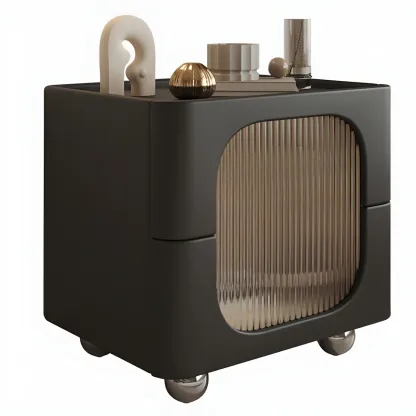 Minimalist Small Solid Wood Glass Cubic Black Nightstand Image - 16
