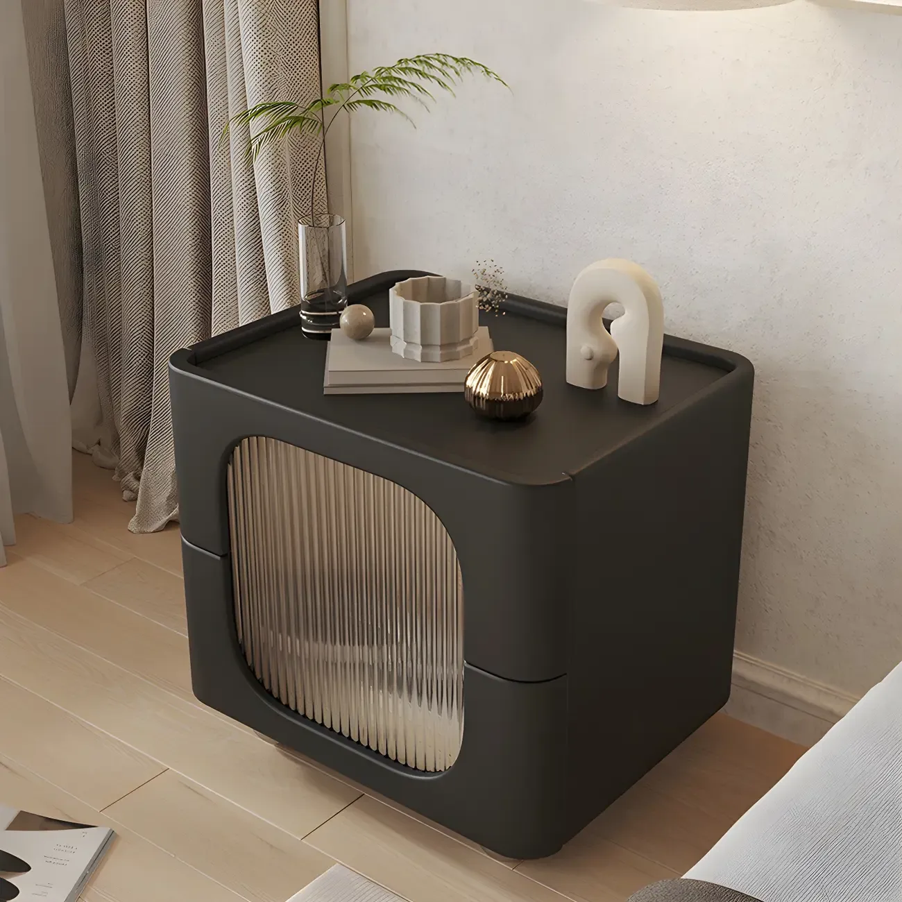 Minimalist Small Solid Wood Glass Cubic Black Nightstand Image - 4