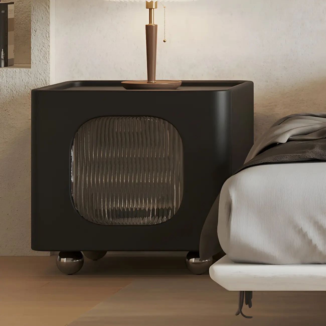 Minimalist Small Solid Wood Glass Cubic Black Nightstand Image - 3 | homeyfad