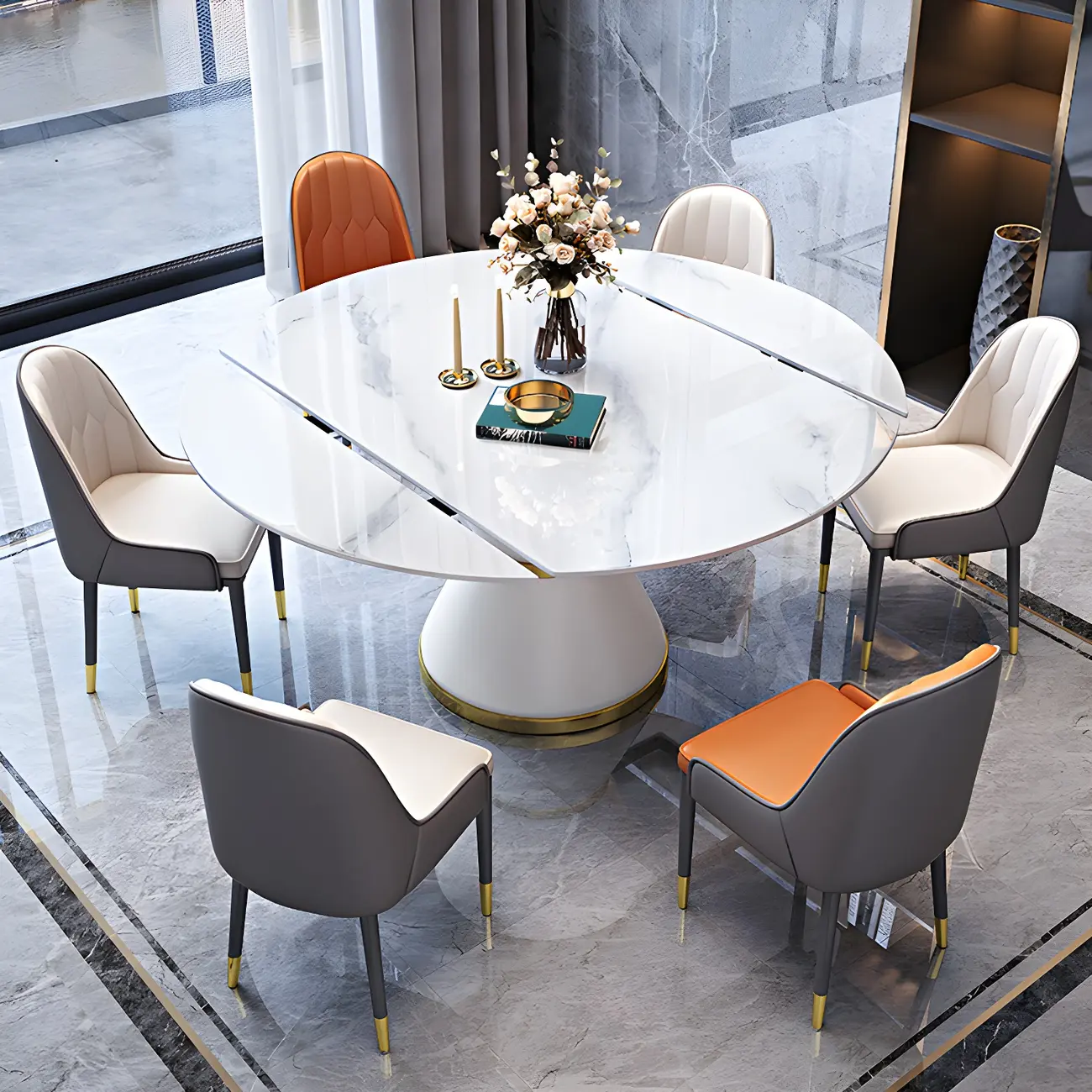 Round Stone Metal Pedestal Extendable Dining Table Image - 1 | homeyfad