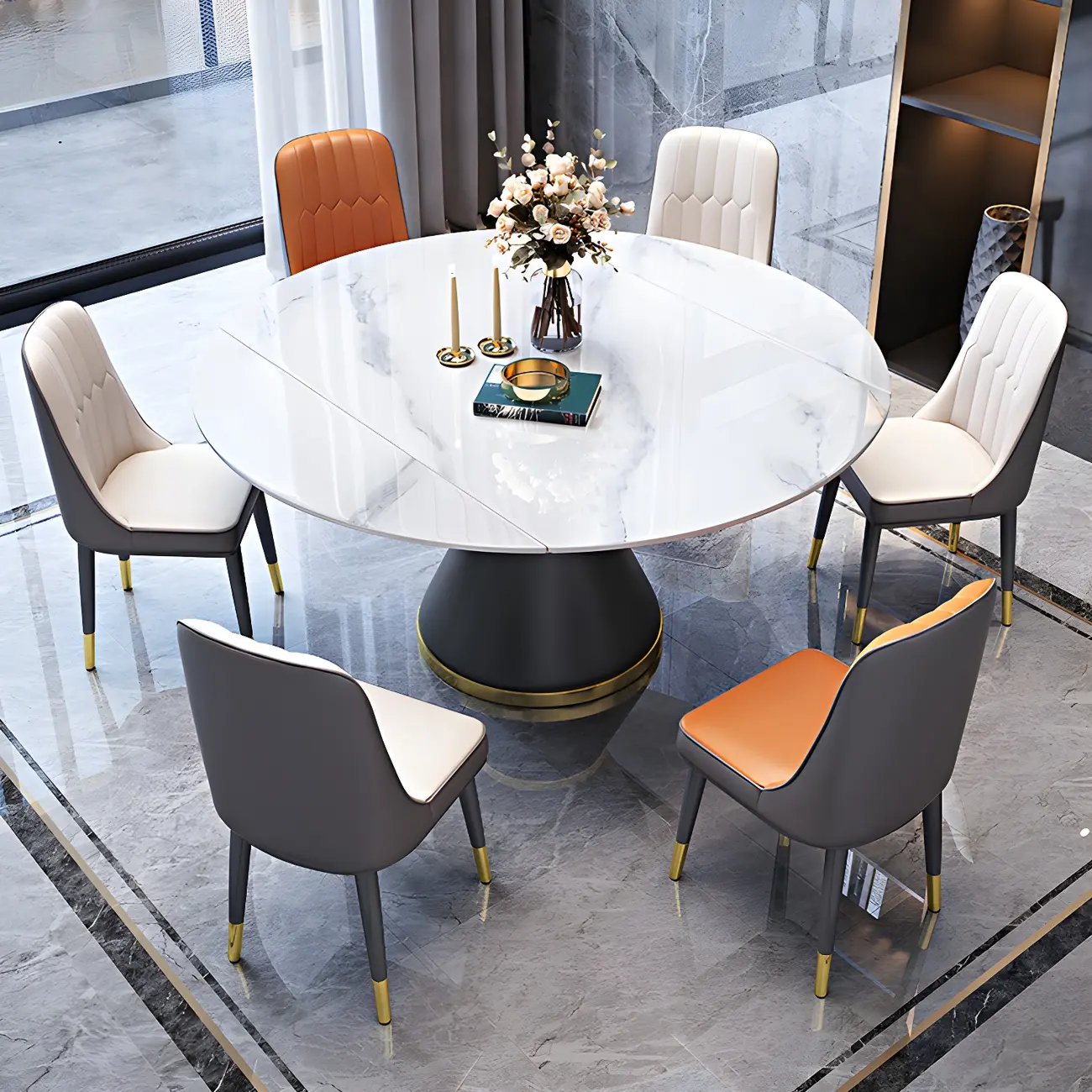 Modern Stone Foldable Dining Table with Metal Base Image - 2 | homeyfad