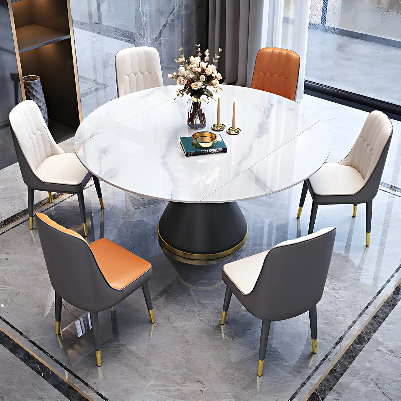 Modern Stone Foldable Dining Table with Metal Base Image - 5 | homeyfad