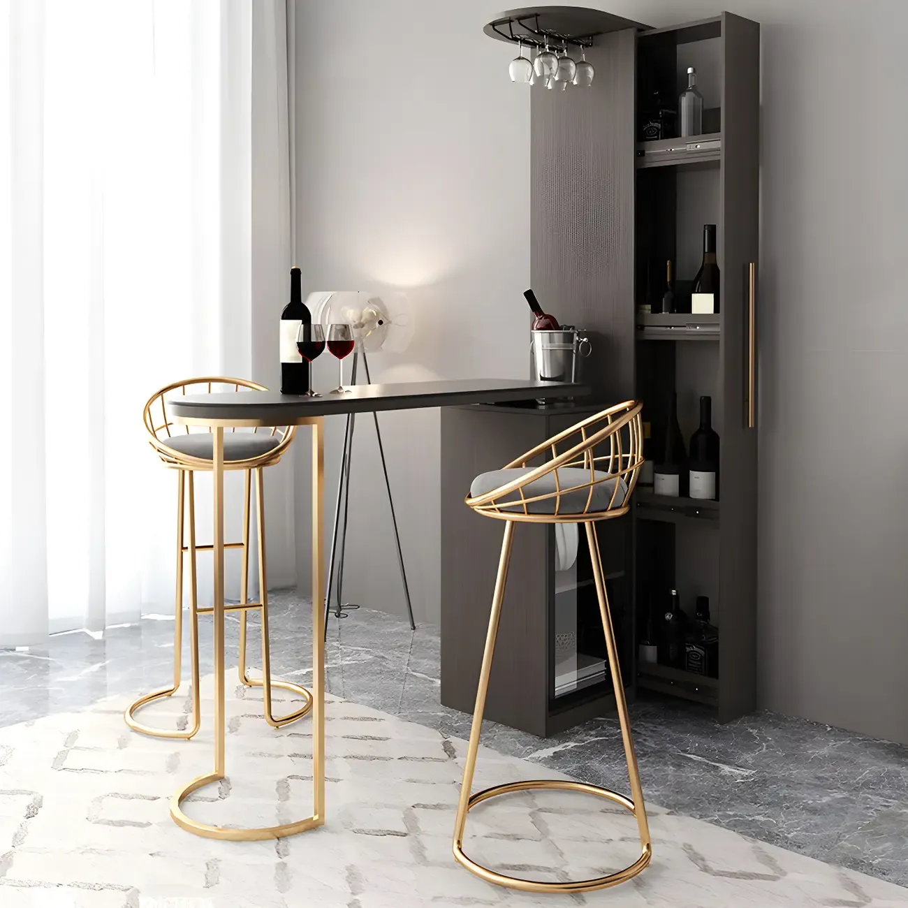 Modern Adjustable Bar Table with Wine Cabinet for Home Image - 2