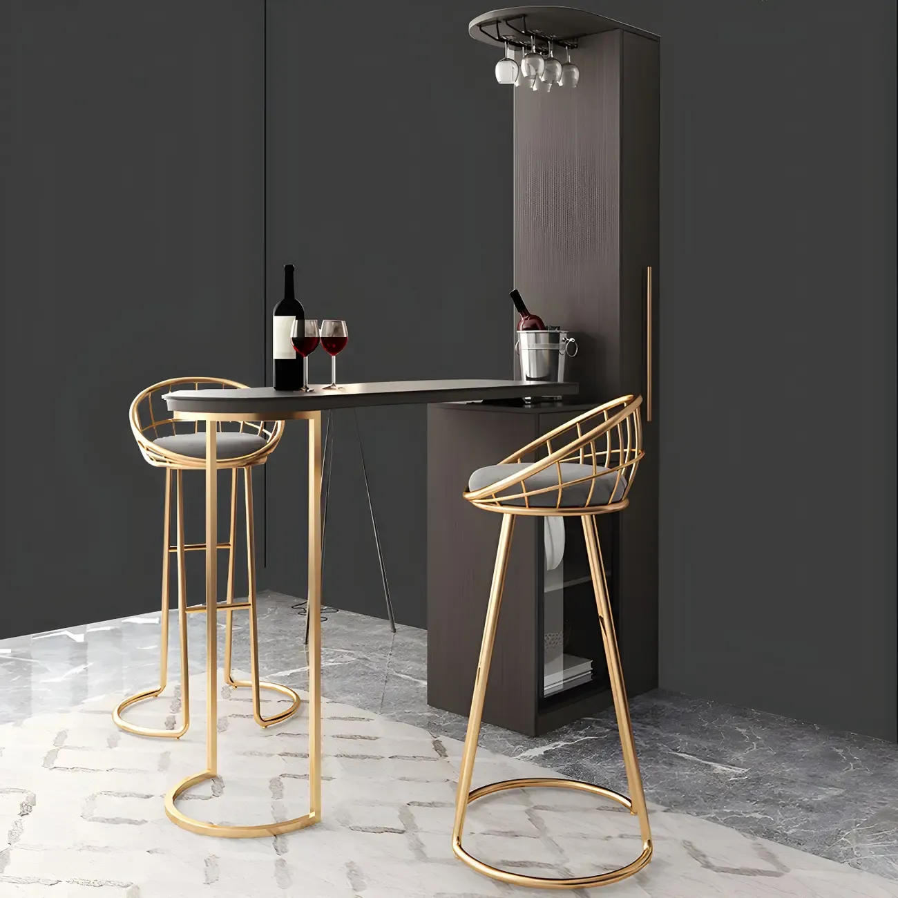 Modern Adjustable Bar Table with Wine Cabinet for Home Image - 4