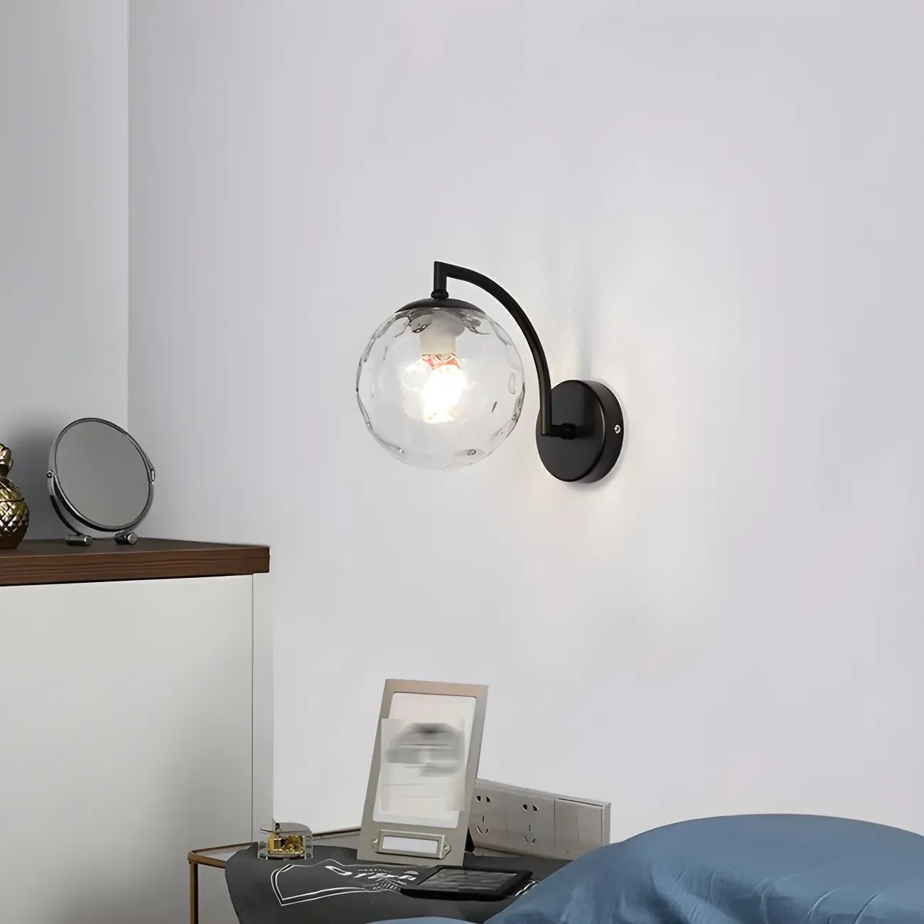 Mini Modern Globe Glass Metal Arc Vanity Wall Light Image - 2