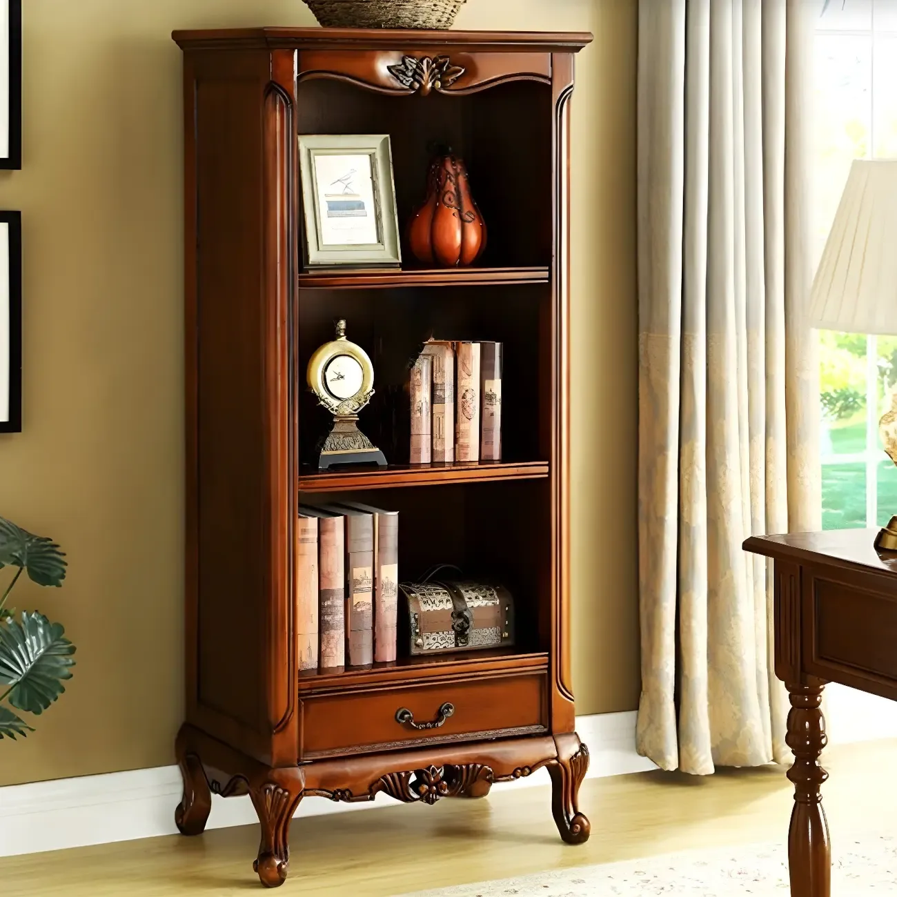 Classic Brown/White Wooden Bookcase with Drawer Image - 4
