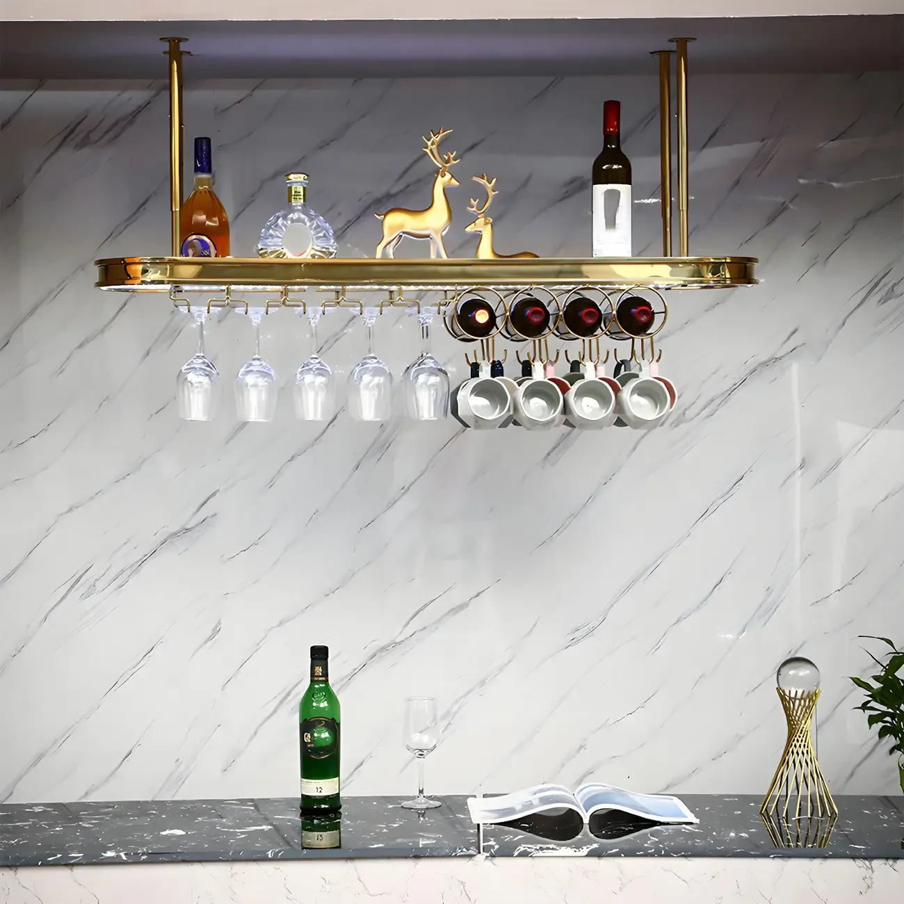 Modern Gold Metal Wine Rack with Glass Holder