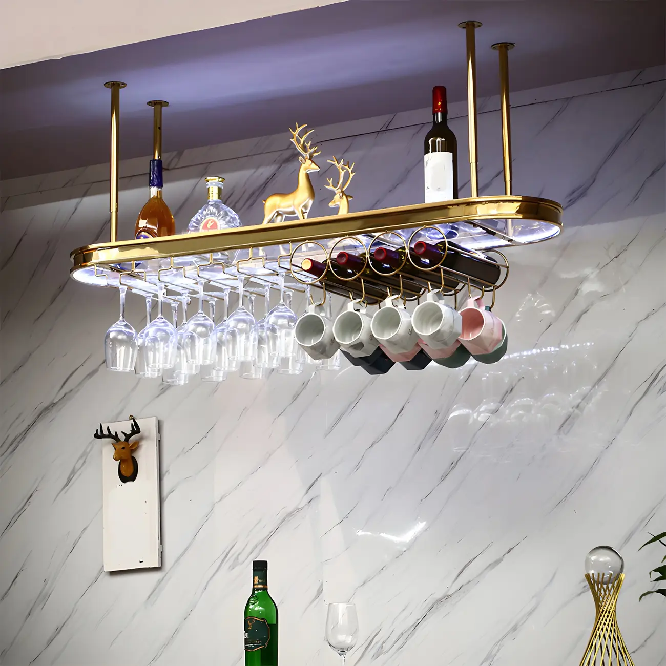 Modern Gold Metal Wine Rack with Glass Holder | homeyfad