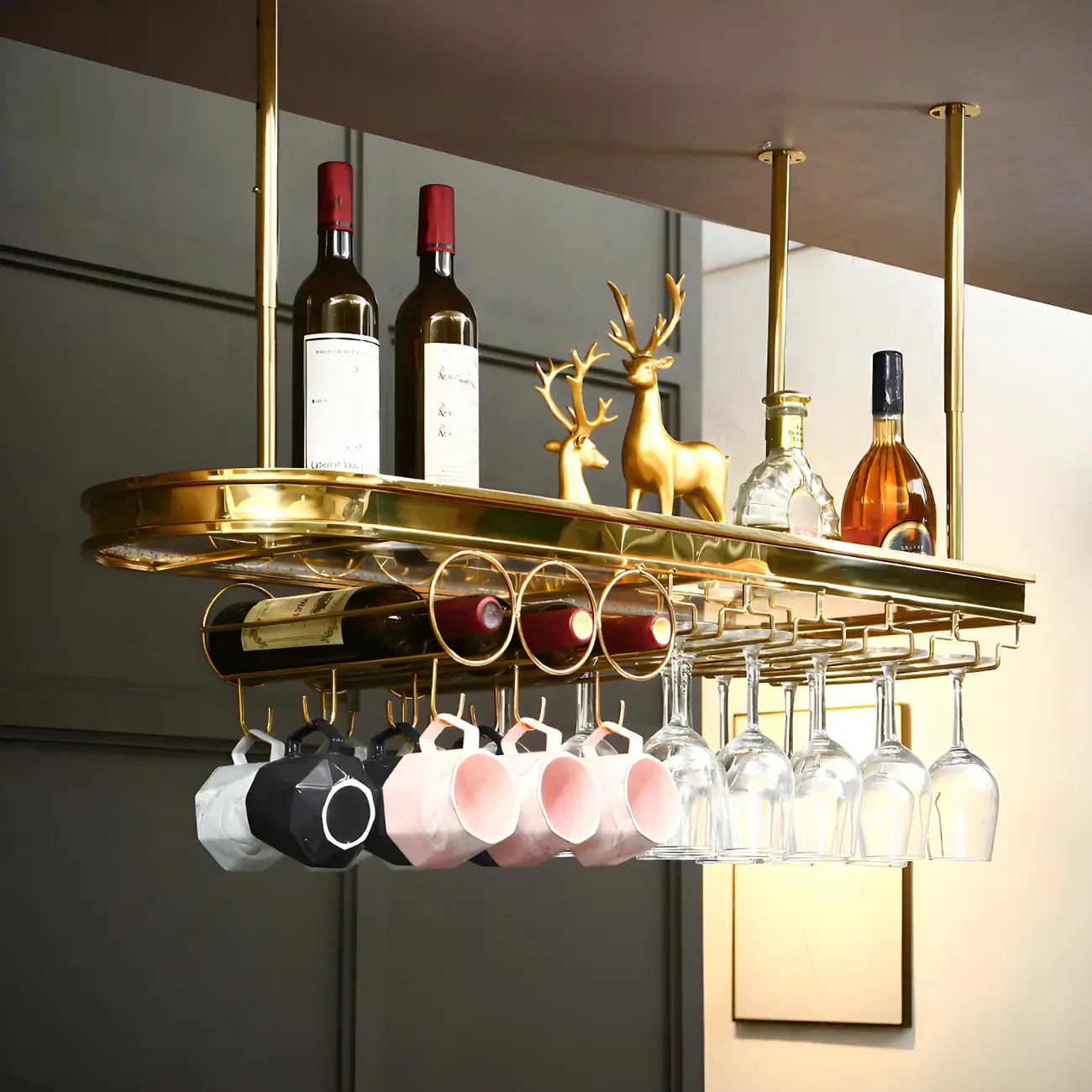 Modern Gold Metal Wine Rack with Glass Holder | homeyfad