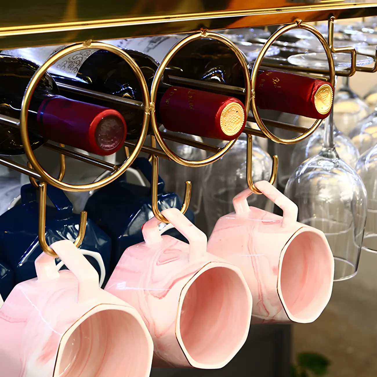 Modern Gold Metal Wine Rack with Glass Holder | homeyfad