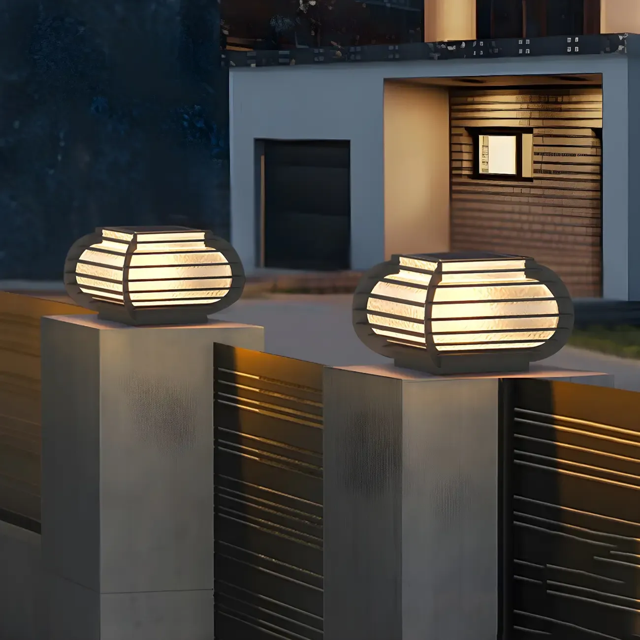 Drum Shape Metal Outdoor Grid Post Cap Light Image - 1