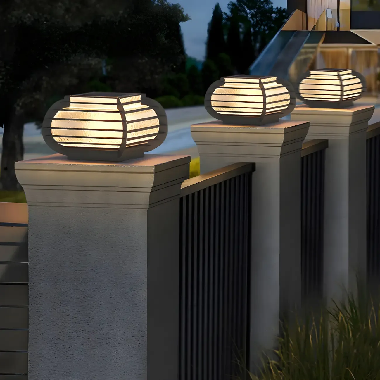 Drum Shape Metal Outdoor Grid Post Cap Light Image - 2