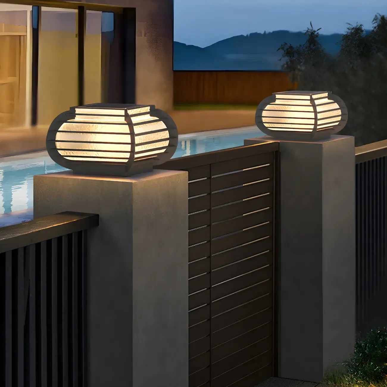 Drum Shape Metal Outdoor Grid Post Cap Light Image - 3