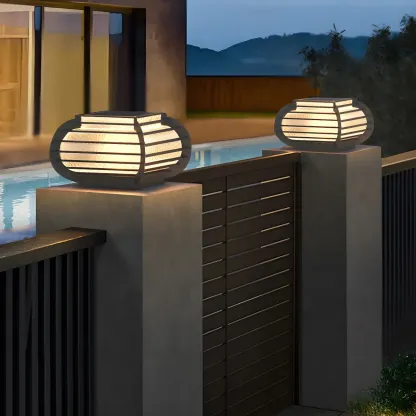 Drum Shape Metal Outdoor Grid Post Cap Light Image - 3