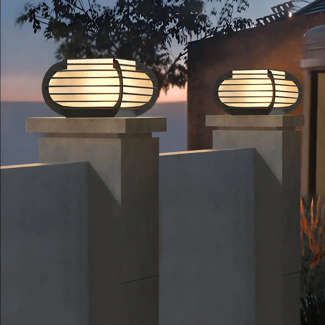 Drum Shape Metal Outdoor Grid Post Cap Light Image - 5