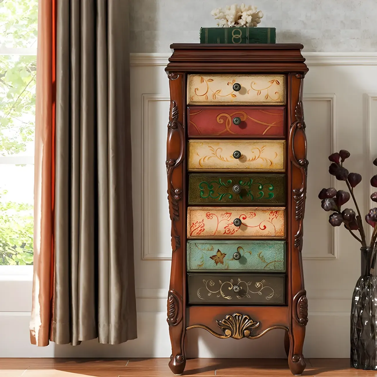 Traditional Green Finish Wooden Chest with Drawers for Bedroom Image - 5