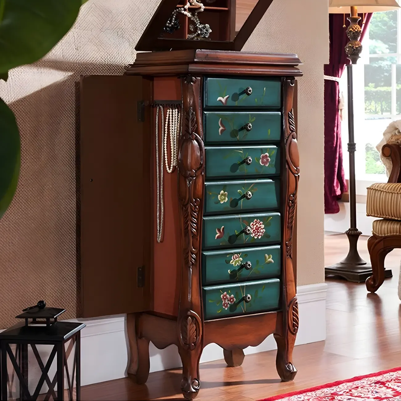 Traditional Green Finish Wooden Chest with Drawers for Bedroom Image - 6