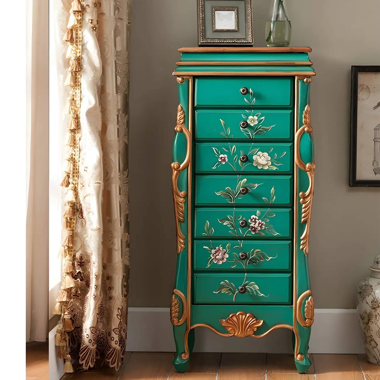 Traditional Green Finish Wooden Chest with Drawers for Bedroom Image - 7 | homeyfad