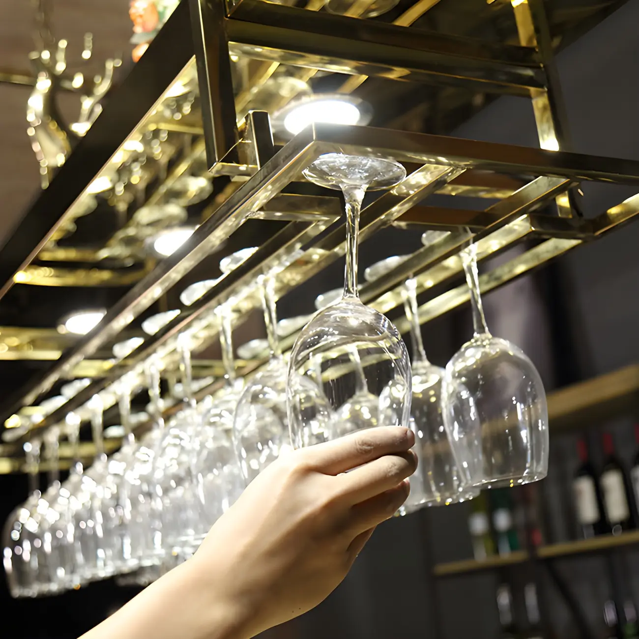 Glam Gold Metal Hanging Wine Glass Rack Image - 8 | homeyfad