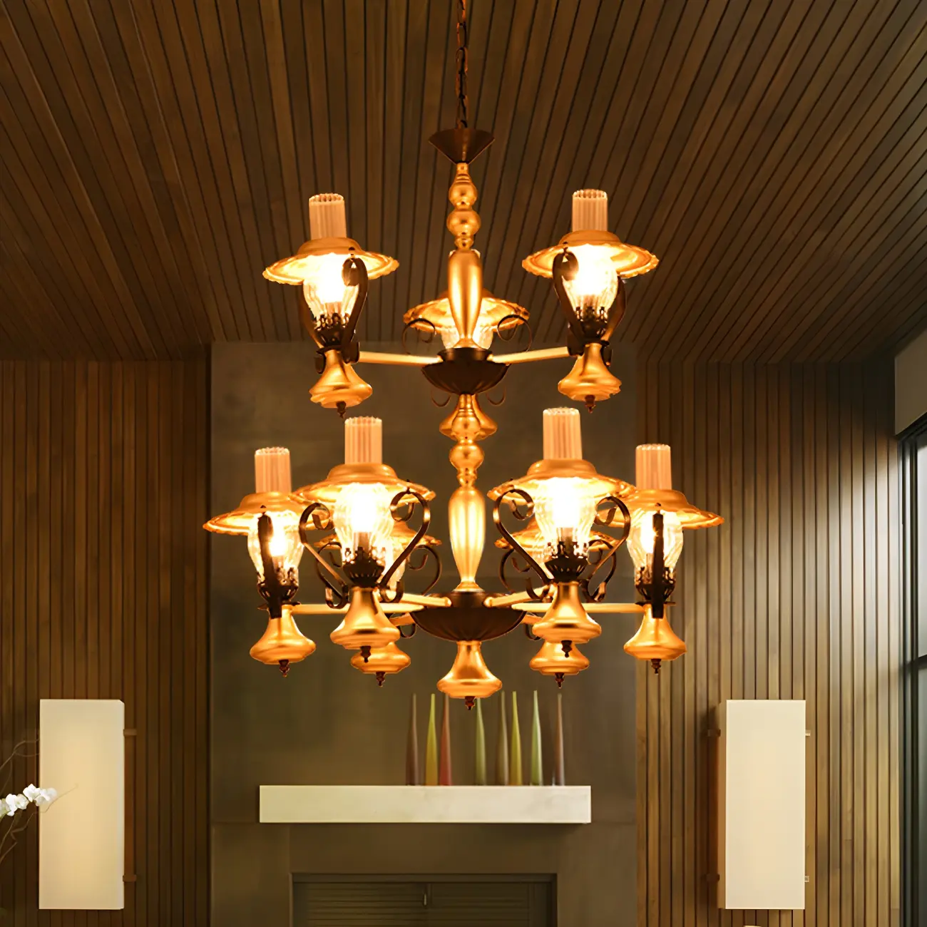 Gold Lantern Hanging Chandelier Vintage 9 Lights Clear Ribbed Glass Living Room Pendant Light Kit with 2-Tier Design | homeyfad