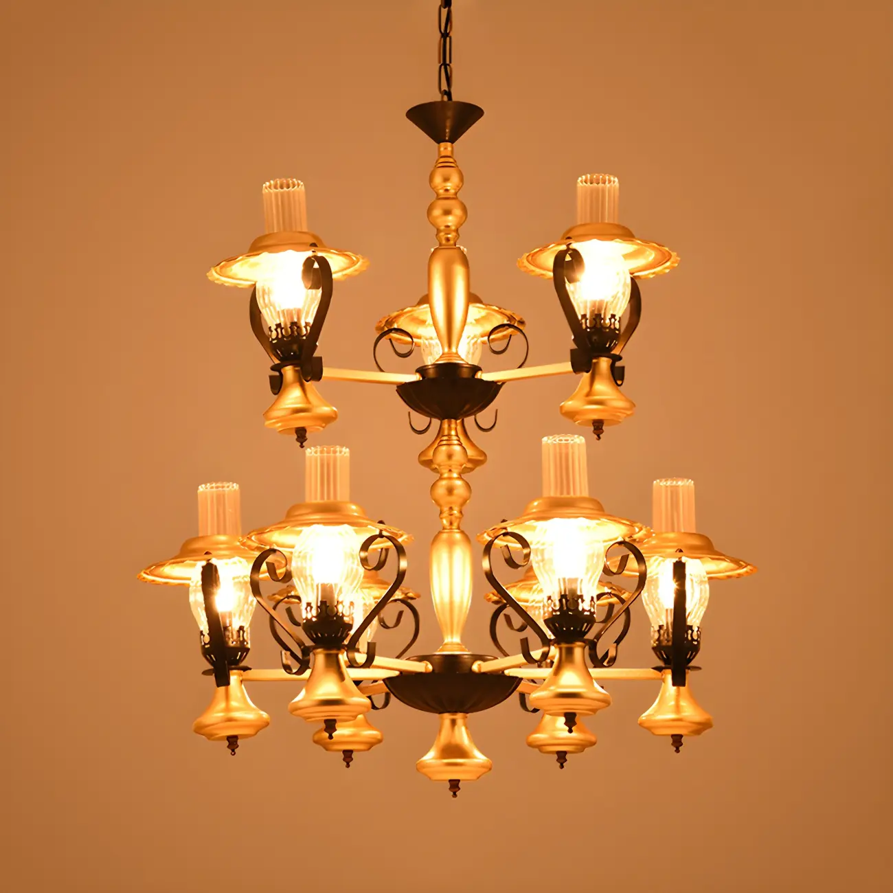 Gold Lantern Hanging Chandelier Vintage 9 Lights Clear Ribbed Glass Living Room Pendant Light Kit with 2-Tier Design | homeyfad