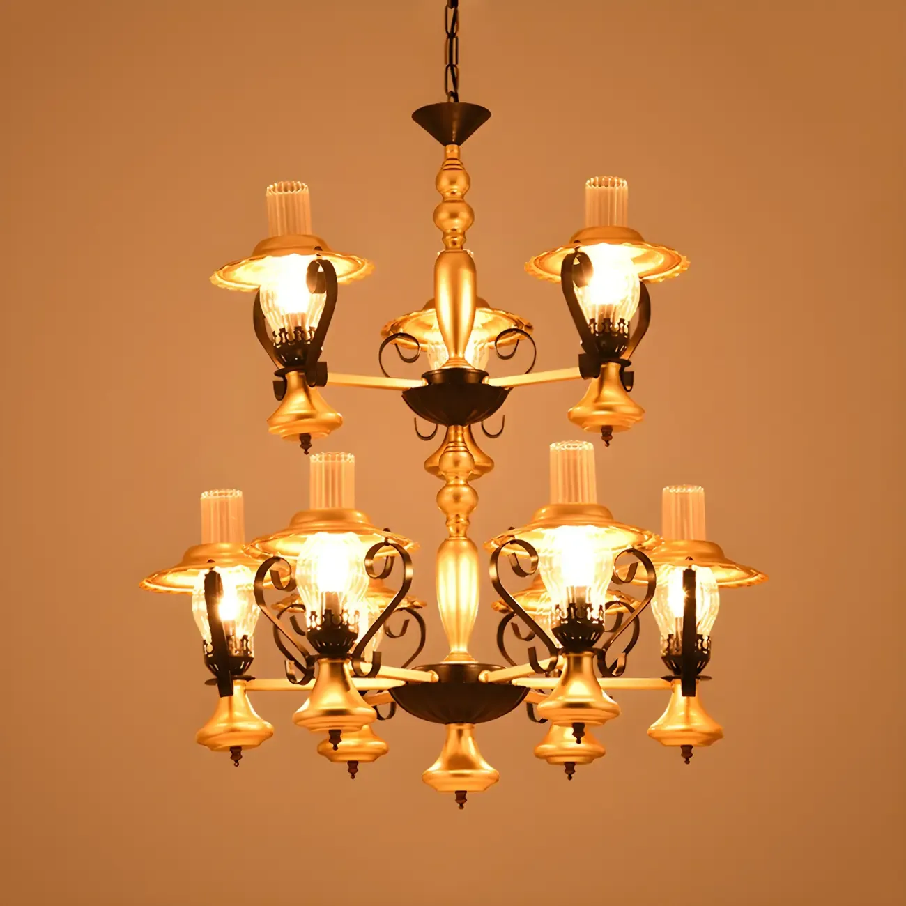 Gold Lantern Hanging Chandelier Vintage 9 Lights Clear Ribbed Glass Living Room Pendant Light Kit with 2-Tier Design