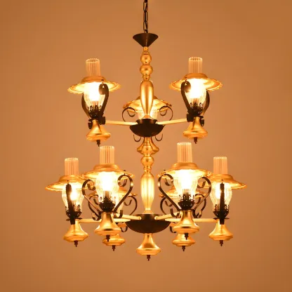 Gold Lantern Hanging Chandelier Vintage 9 Lights Clear Ribbed Glass Living Room Pendant Light Kit with 2-Tier Design