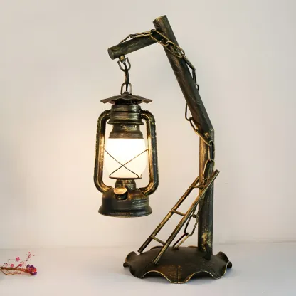 Industrial Metal Lantern Table Lamp in Brass for Indoor  Image - 5
