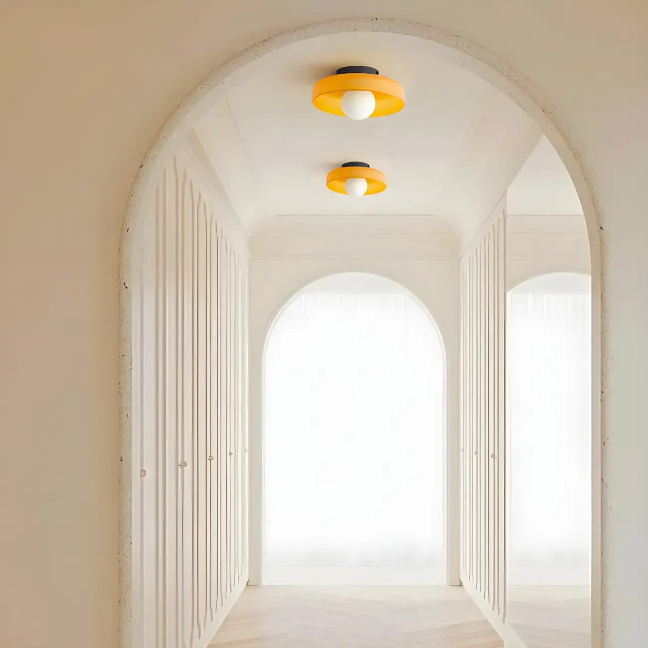 Nordic Round White Glass Flush Ceiling Light Image - 4