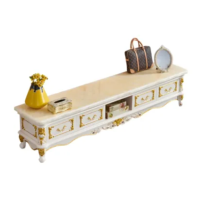 Luxurious Wooden TV Stand with Marble Top & Legs for Restroom Image - 7