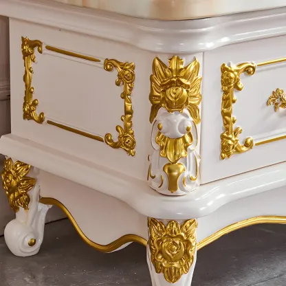 Luxurious Wooden TV Stand with Marble Top & Legs for Restroom Image - 10