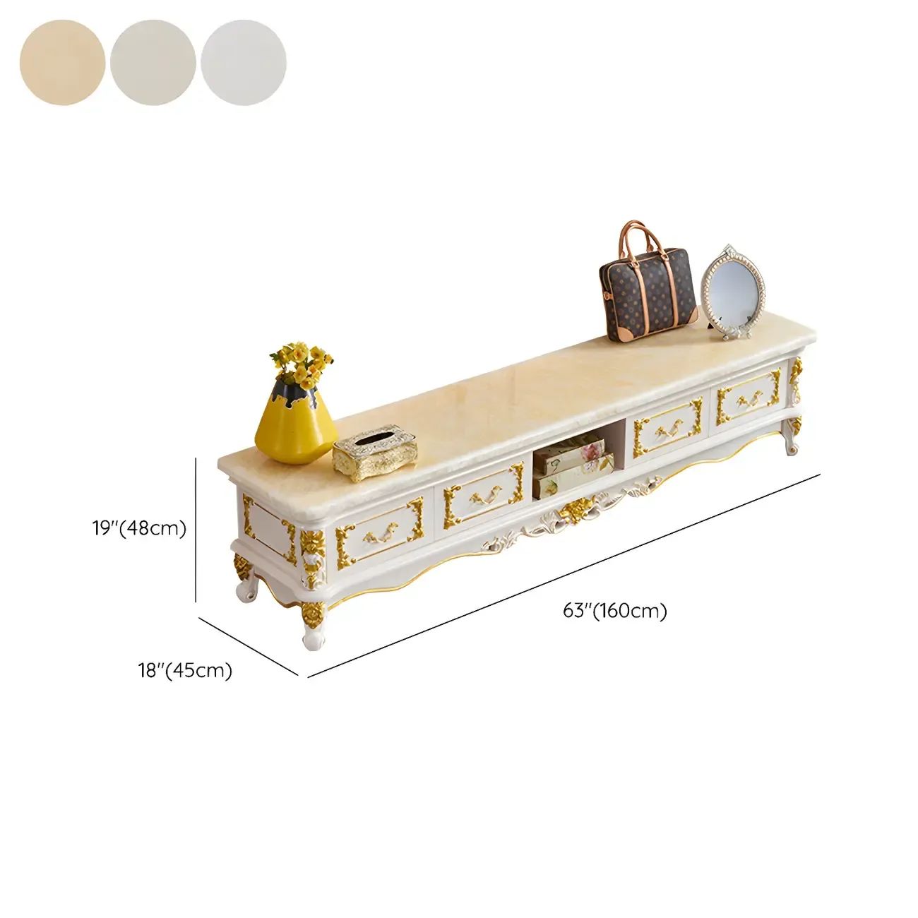 Luxurious Wooden TV Stand with Marble Top & Legs for Restroom #size