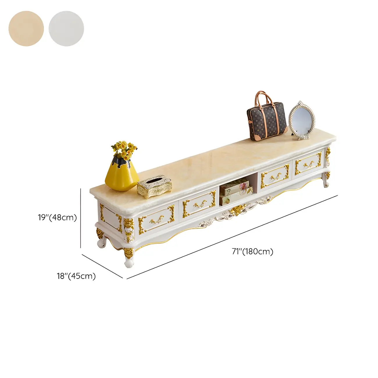 Luxurious Wooden TV Stand with Marble Top & Legs for Restroom Image - 14 | homeyfad