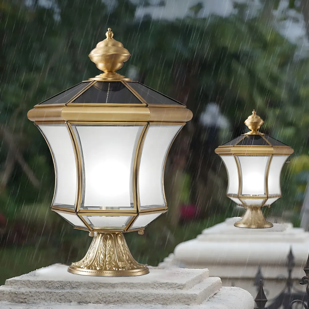 Classic Gold Curved Post Cap Light with Black Solar Top Image - 5
