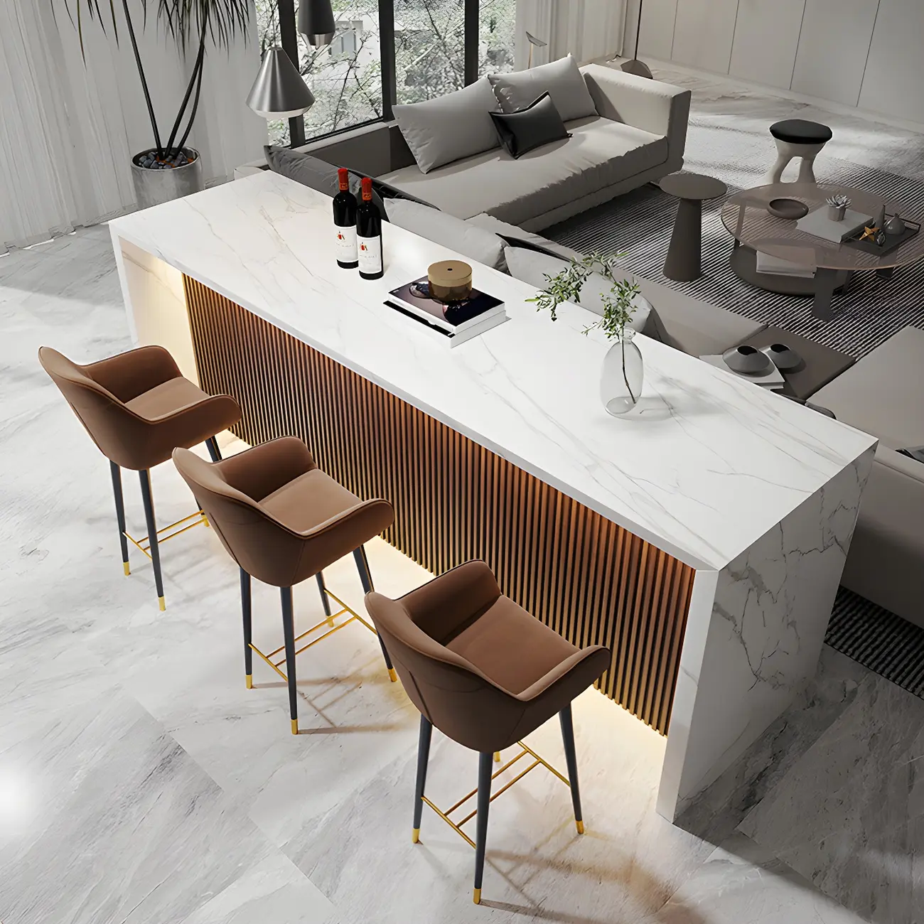 Modern LED White Marble Counter Height Bar Table Image - 7 | homeyfad