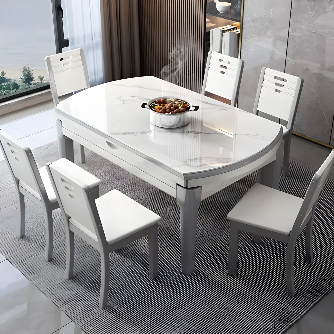 7 Piece Set White Modern Marble Dining Table Set Image - 1 | homeyfad