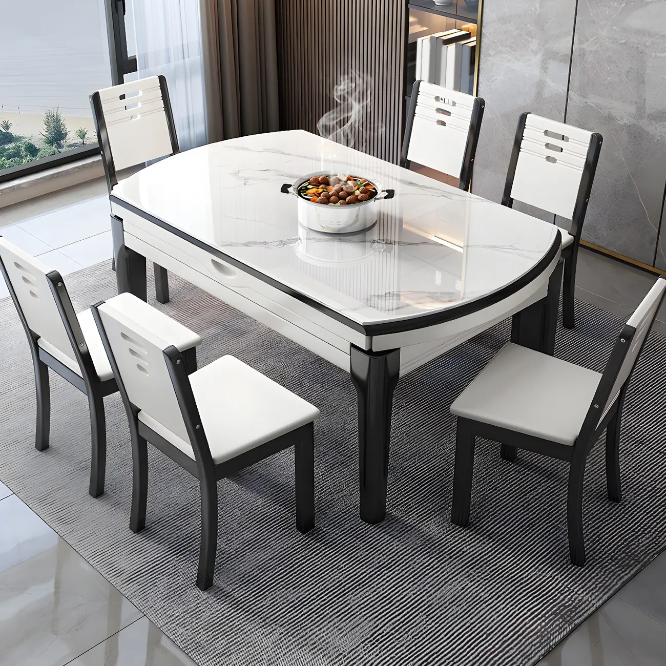 7 Piece Set White Modern Marble Dining Table Set Image - 2 | homeyfad