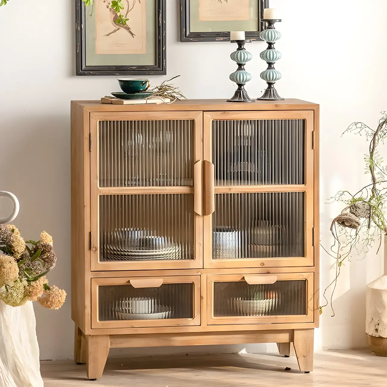 Traditional Wooden Display Cabinet with 2-Drawers for Home Image - 2